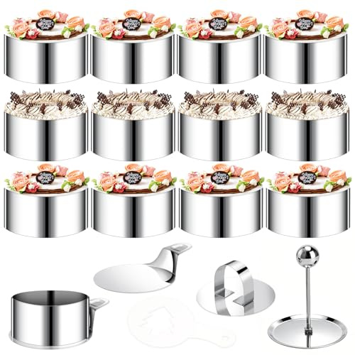 VINATO Set di 12 Anelli di Servizio in Acciaio Inossidabile con 4 Coperchi e 4 Fondi - 16 Stencil Decorativi - Anelli per Mousse Rotondi Ø 8 cm per Biscotti, Ciambelle e Torte