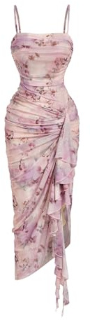 GORGLITTER Women's Ruffle Floral Bodycon Midi Dress Wedding Guest Dress | Date Night Dresses for Women UK, Floral Asymmetrical Ruffle Trim Dress, Bodycon Midi Sundress, Pink Dress