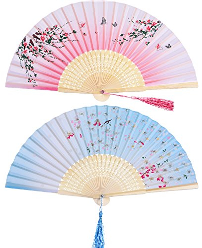 2 Stücke Folding Fans Hand Fans Bambus Fans mit Quaste Frauen Ausgehöhlten Bambus Hand Halten Fans für Wanddekoration, Geschenke (Rosa Pfirsichblüte und Blau Cherry Patter)