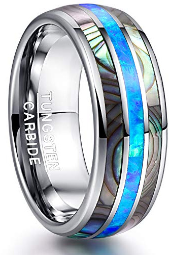 NUNCAD Men's Rings Silver 8mm Tungsten Ring Blue Created Opal and Abalone Shell Inlay Mens Wedding Bands Dome Style Size S