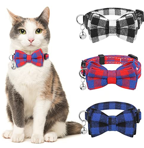 tonyg-p 3 Pcs Cat Collars with Bow Tie and Bell Breakaway Cat Collars Quick Release Safety Kitty Collars Adjustable Pet Collars for Cats, Kitten, Small Pet (Red,Blue,Black)