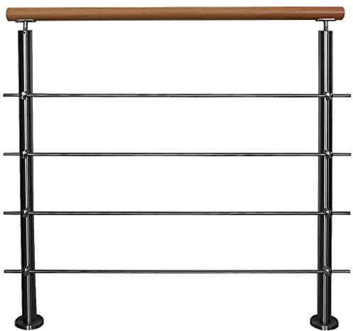 TIBU Edelstahl Geländer mit Holz Buche Handlauf 0,6 - 5 m Länge Treppengeländer Innen, Variante: mit 4 Streben Länge: 2,0 m mit 3 Pfosten