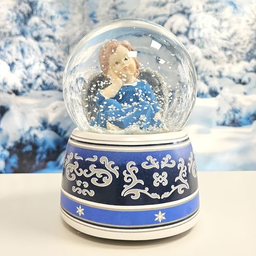 20030 Palla di neve con musica nostalgica angelo blu con ornamento base in porcellana con carillon musicale, diametro 100 mm
