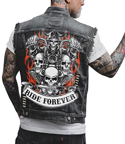 ORANDESIGNE Chaleco de Mezclilla de Hombre Chaqueta Sin Mangas Chaleco con Estampado de Calavera Punk Chaleco Vaquero Lavado Chaqueta Corta de Moto W Negro XXL