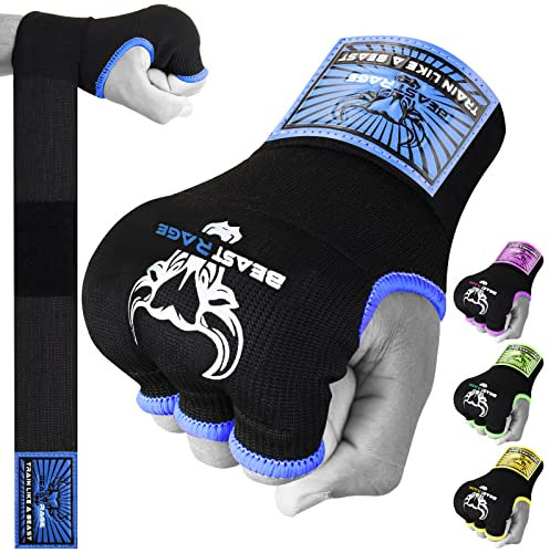 BEAST RAGE Boxbandagen Herren, Gelhandschuhe MMA 75 cm lang Boxbandagen elastisch, gepolstert Gel Innenhandschuhe Boxen, Boxsack, Training Muay Thai, Handbandagen Kinder (blau, M (Adult))