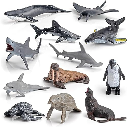 Morofme Mini Ozean Meer Tierfiguren Spielzeug 12pcs Realistische Unterwasser Meer Kreatur Figuren Arktischen Ozean Meer Meer Tier Playset Kuchen Topper mit Hai Wale Pinguin Walrosse Seekühe Delphin