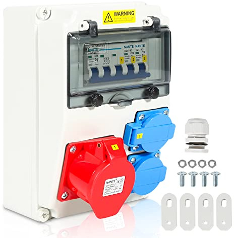 Eulenke Caja de Enchufe para Obra 32A 16A 230V, Tomas CEE, Impermeable IP44, Interruptor de Seguridad, 2x Enchufes Schuko, Toma CEE 16A, Distribuidor de Corriente