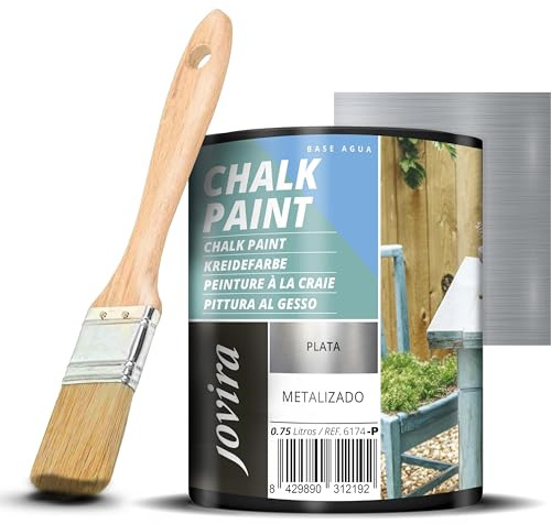 JOVIRA PINTURAS Pintura Tiza - Chalk Paint al Agua Mate + Pincel especial para madera. Renueva tus muebles con creatividad. (750 Mililitros, Plata + Pincel) B-29-K