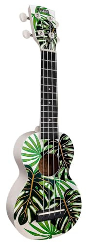 MAHALO - Ukulele soprano Monstera con custodia e supporto a parete.
