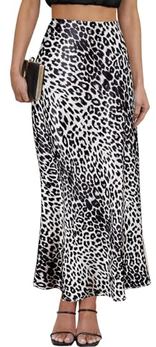 Women Satin Maxi Skirt High Waisted Elastic Waist Silk Look A Line Casual Party Skirt Leopard Print Long Skirt for Women