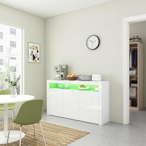 Sideboard-Schrank, Weißer Hochglanz-Display Mit LED-Lichtern, 3-Tür Und 1 Offenes Regal, Moderne Aufbewahrungseinheit Für Küche Wohnzimmer Esszimmer Flur 152*35*97CM
