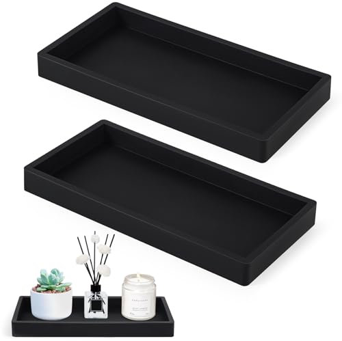 Votoko 2 Stück Badezimmer Tablett, Schwarz Rechteckig Deko Tablett Dekovtablett Silikon Ablageschale für Waschtisch, Badewanne, Küchenspüle, Kosmetik, Schmuck & Kerzen