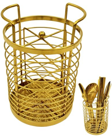 ZECNG Gold Kitchen Divided Organizer, Kitchen Countertop Holder for Serving Utensils, Stainless Steel Mesh Storage Baskets for Holding Knife Fork Spoon