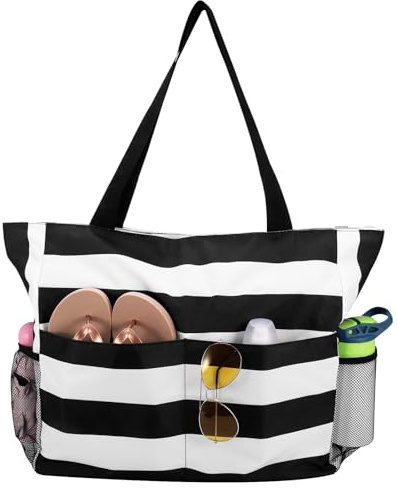ViEinkaufen Extra Large Beach Bags for Women,Waterproof Beach Tote Bag with Zip and Pocket,Reusable Grocery Bags for Women,Tote Bags for Traveling,Shopping,Pool,Black Stripes