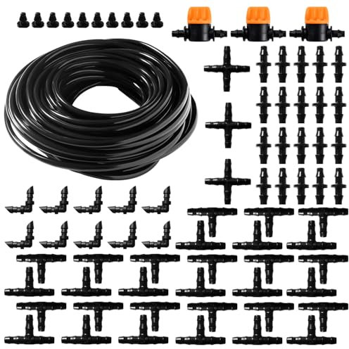 VooGenzek 77 Pièces 4/6 mm Kit d'irrigation Goutte, 15m Tuyau d'irrigation, Systeme Irrigation, avec Raccords Cannelés Droits, Connecteurs en T, Bouchons d'extrémité, pour Jardin, Plantes