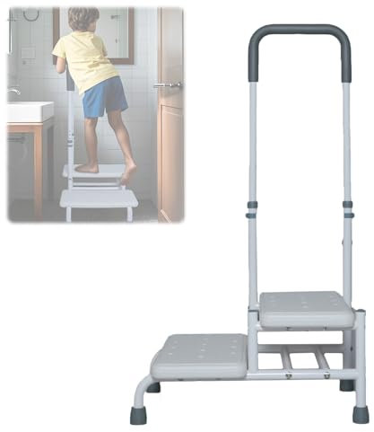 Haushaltstritt 2 Treppenstufen Trittstufe mit Haltegriff, rutschfest Badewannenstufe mit Haltegriff, Tritthocker mit Griff für Erwachsene, ältere Menschen, Fußhocker für Nachttisch, Küche, Badewanne