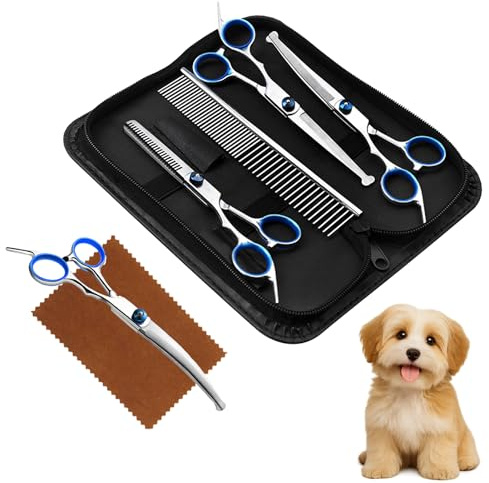 Menibeuty Ciseaux Toilettage Chien Kit, Ciseauxs de Toilettage pour Chiens, Embouts de Sécurité Ronds y Compris Ciseaux à Effiler, Ciseaux Courbes,Ciseaux Droits,Peigne,Ciseauxs Chien Toilettages Bleu