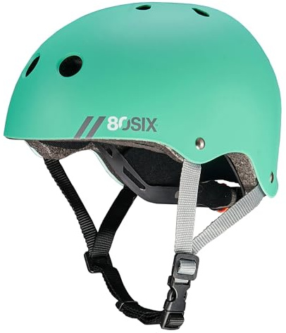 80SIX Casco para Bicicleta Niño y Niña, Casco para Patines para Niños y Adultos | Certificado EN1078, Ajustable con Ventilación | Ideal para Skate, BMX y Patinete Eléctrico (Verde azulado mate, JR/XS)