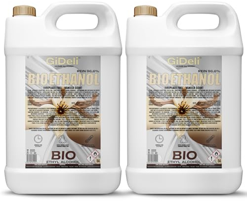 GiDeli Bioetanol 2 x 5 l de aroma a vainilla 96,6% etanol para chimeneas interiores y exteriores, sin humo ni hollín, de maíz y remolacha azucarera