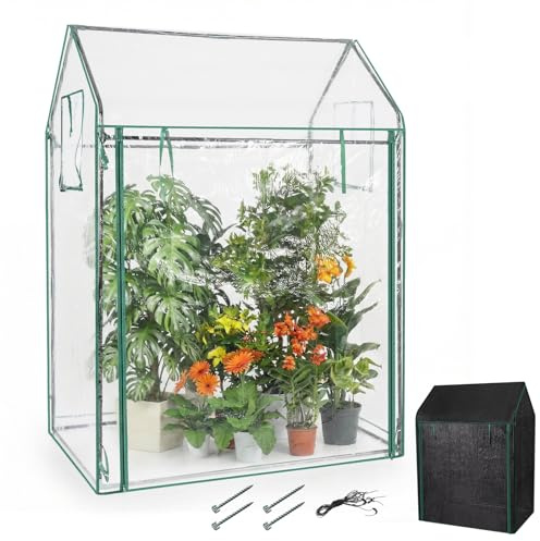 COSTWAY Tomatväxthus Litet 129 x 80 x 173 cm, Bärbart Växthus med Svart Solskyddsnät och Klar PVC-Film, Dörr, Fönster och Jordspikar, Växthus för Trädgård och Balkong
