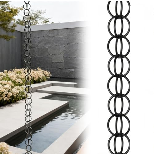 Rytgdxss Catena per Acqua Piovana, Catene Antipioggia per Grondaie, Catene da Pioggia per Esterni, 3MCon Gancio - Funzione di Drenaggio, Adatto per Cortili, Cornicioni E Portici.3m(10ft) Nero-A