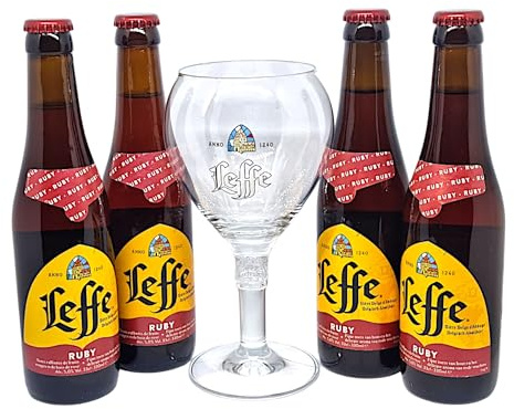Générique Bicchiere da birra Leffe Ruby 33cl Ufficiale + 4 Bottiglie, Bicchiere per degustazione o collezionista