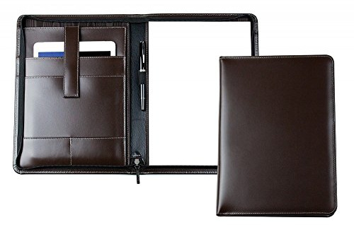 DELMON VARONE - Personalisierbare Tablet Schreibmappe DIN A4 aus Cambridge Top Grain Leder braun, Konferenzmappe mit Notizblock, Stiftschlaufe & Einsteckfächer, Besprechungsmappe mit Reißverschluss