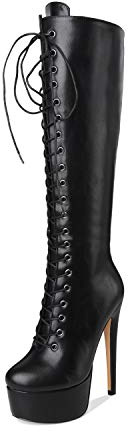 Richealnana Women's Lace Up Slim Heel Side Zipper Round Closed Toe Platform Knee High Boots Stiletto Heel Long Boots PU Black Size 9