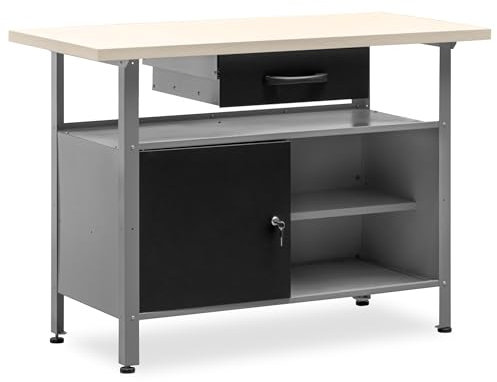 METALLMOBELL - Banco de Trabajo Profesional | 120x60x84cm, Cajón y Armario con Llave | Mesa de Trabajo Taller, Banco de Trabajo Taller, Mesa Trabajo, Banco de Carpintero, Banco Herramientas -MB007