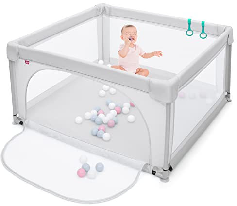COSTWAY 120 x 120cm Baby Laufstall mit 50 Spielbällen, Laufgitter mit atmungsaktivem Netz und Reißverschluss, Krabbelgitter mit Tür, Laufgitterzelt für Säuglinge und Kleinkinder (Grau)