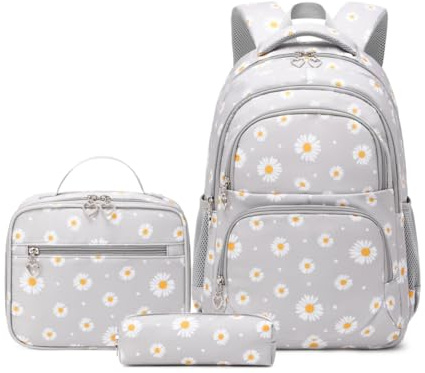 Armbq Daisy Kids Backpack for Girls, Multi Pocket School Bags with Lunch Box for Elementary, Teen Girls Bookbag Set