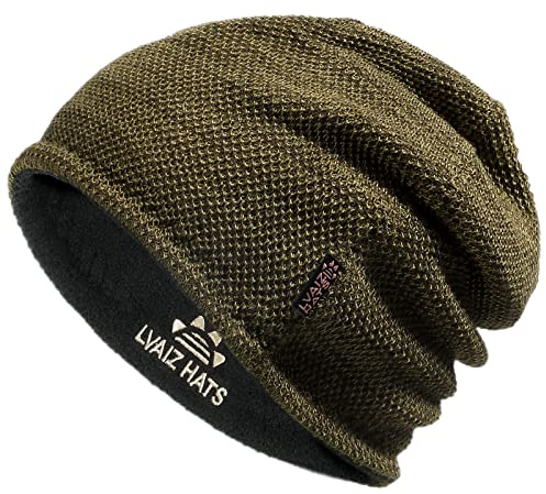 Lvaiz Mens Winter Beanie Hat Warm Fleece Lined Skull Cap for Men Reversible Women Windproof Watch Hat Knit Warm Unisex Beanie Khaki