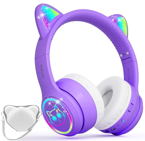 iFecco Cuffie Bluetooth Bambini con Microfono,Wireless Cuffie per Bambina con Borsa,Luci LED Cat Ear Cuffie per iPad / Tablet Bambini / Smartphone / Scuola