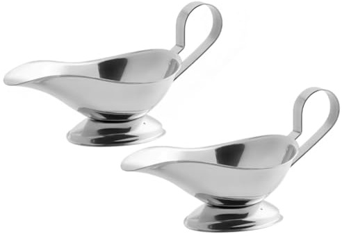 Soro Essentials- 3 oz. Stainless Steel Gravy Sauce Boat Gadroon Base with Loop Handle Set of 2- Restaurant Gravy Boat Dripless Lip Spout Serving Dish Gravy Bowl for Sauces Gravy Salad Dressings Milk
