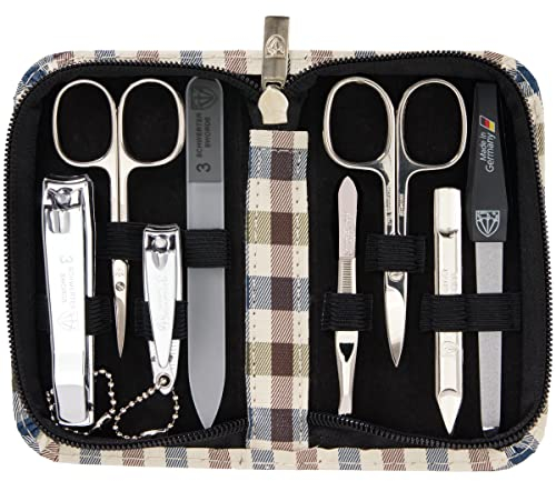 DREI SCHWERTER - Maniküreset 'Roma' - Nageletui mit 8 Instrumenten: Nagelschere, Hautschere, Fuß/Finger-Nagelknipser, Nagelreiniger, Pinzette, Glasnagelfeile, Saphirnagelfeile - kariert