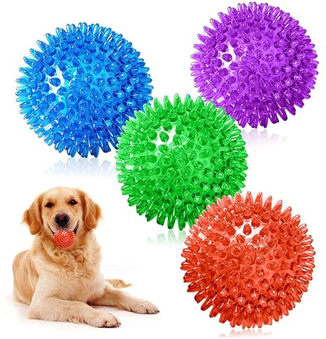AYNKH Set de 4 Jouets de Boule de Chien grinçant, Boule de Pointe à mâcher Indestructible pour Chiots, Nettoyage des Dents et entraînement pour Chiens de Petite et Moyenne Taille