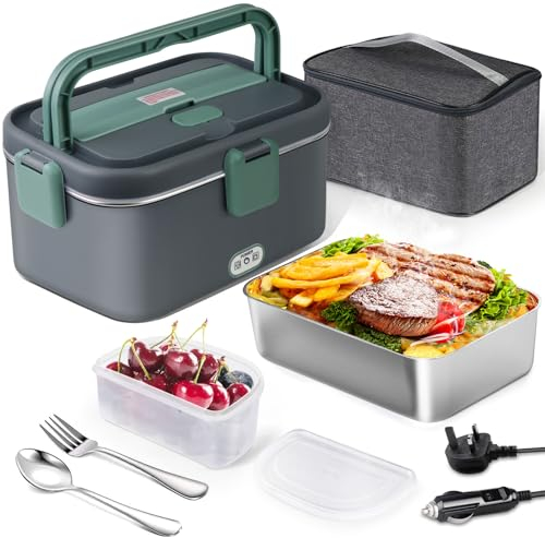 AUTOPkio Electric Lunch Box 1.8L 80W, 12V/24V/220V Upgraded Large Heated Lunchbox Heating Food Warmer with Carry Bag Fork Spoon for Car Truck Office