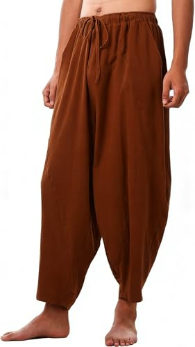 COSDREAMER Pantaloni da Uomo Larghi Harem con Coulisse Casual Cotone Lino Yoga Pantaloni da Spiaggia, Marrone, XL
