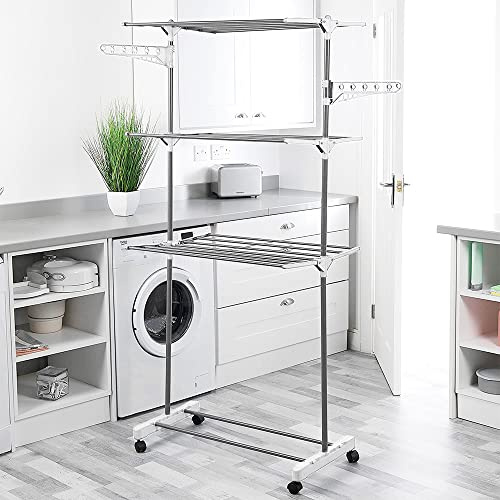 XUANYU Étendoirs à Linge sur Pied 3 Niveaux Pliable et Portable, Sechoir à Linge avec Ailes Pliable, Acier Inoxydable et Plastique, Sechoir a Vêtements Intérieur/Extérieur (Blanc-gris D, 75×44×158 cm)