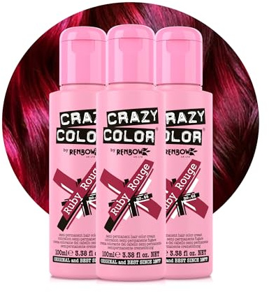 Crazy Color Vibrant Ruby Rouge Semi-Permanent Trio Hair Dye. Highly Pigmented Wine Red/Plum Conditioning & Oil Nourishing Vegan Formula | No Bleach or Ammonia | 300ml