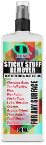 chewing gum, sticky labels Sticky Stuff Remover multi-surface adhesive used wood, glass, metal, tiles, painted surfaces, grease, tar, glue, wax, crayon & much more (50ml Spray)