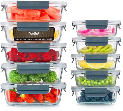 VonShef Glass Containers with Lids - 10 Piece Meal Prep Food Lunch Boxes 1L and 370ml Capacities, Oven and Dishwasher Safe, Airtight Leakproof Seal Great for Batch Cooking