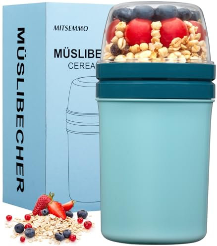 Mitsemmo Cereal Cup On The Go,600ml+270ml Breakfast Pots to Go,Yogurt and Granola Pot, Muesli Cup Travel Bowl and Milk Container for Work,Overnight Oats Jar with Lid & Spoon(Bule)
