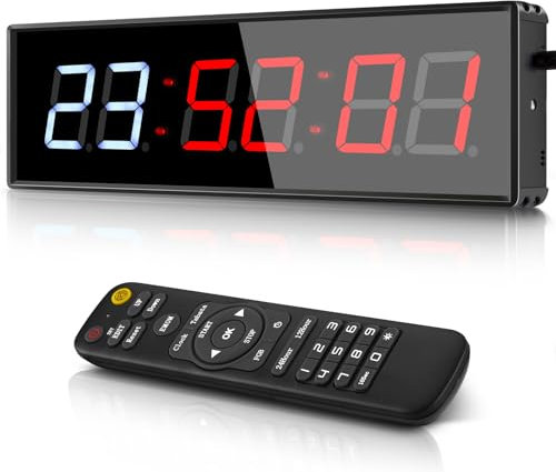 PELLOR Temporizador de Gimnasio,1.5 Temporizador de Intervalo LED,Reloj de Pared Digital Grande con Countdown/Up,Cronómetro,Brillo Ajustable,Reloj de Entrenamiento con Control Remoto para Casa Garaje
