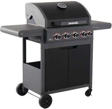sweeek - Barbacoa de gas Edmond negra, 4 quemadores + 1 fuego lateral, con termómetro, L 122 x P 62 x H 143 cm.