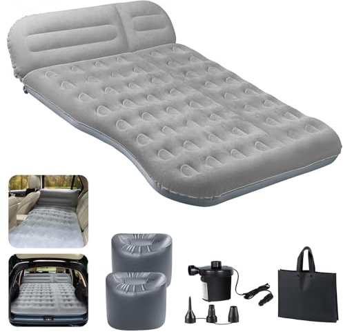 AKUDY SUV Air Mattress,Thickened Flocked Camping Bed for Car,Includes Electric Pump & 2 Foot Pedals,Portable Inflatable car Mattress (Gray)