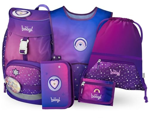 Baagl Schulranzen Mädchen Set 5 Teilig (Airy Schultasche für 1. Klasse, Mäppchen, Turnbeutel, Schürze, Brustbeutel), Grundschule Ranzen, Ergonomischer Schulrucksack, 16,5 l (Pferd Herz)