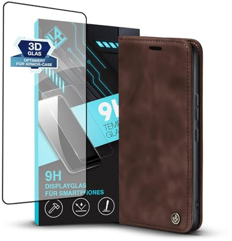 LBH Handyhülle für Xiaomi 12 Pro in Dunkelbraun mit Displayglas Karten- und Geldfach Smartphone Hülle mit Standfunktion Flip Case Schutzhülle Magnetverschluss Vintage