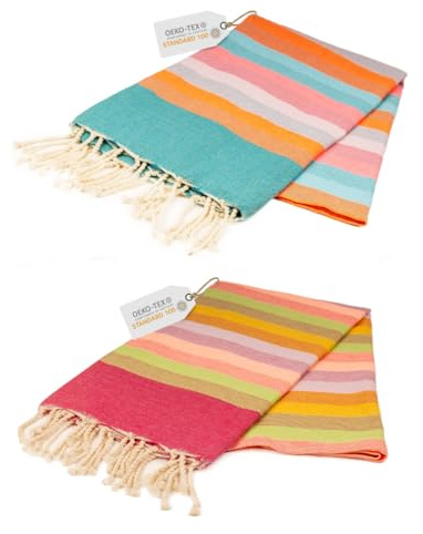 Sandrella 2er Set Hamamtuch aus 100% recycelter Baumwolle tunesisches Strandtuch Sauna Damen & Herren 100x200cm leicht und schnelltrocknend blau gestreift/rot gestreift