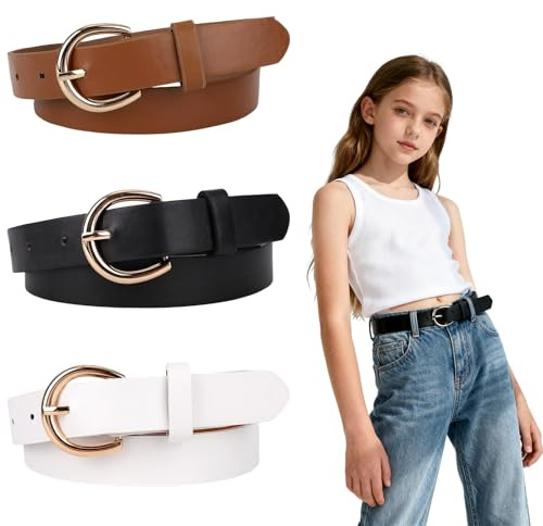 Mikovivi 3pcs Elastic Girl Belt for Kids Toddler Size 10-12, Skinny Children Leather Belt Clothing Accessories Supplies for Jeans Dresses (Black, White, Camel)